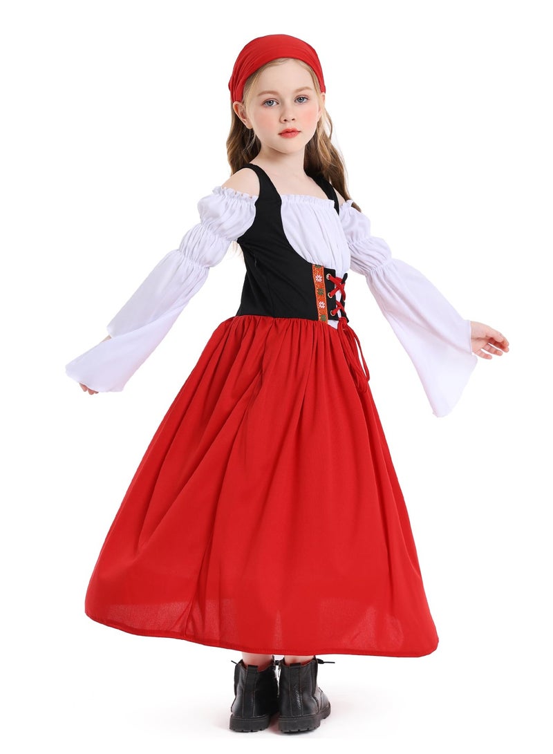 نيبمينينت Renaissance Medieval Princess Costume Dress for Girls | Victorian Bell Sleeve Off-Shoulder Gown with Headband | Fancy Dress-Up for Halloween, Cosplay, Themed Parties (Ages 4-16 Years) - Image 2